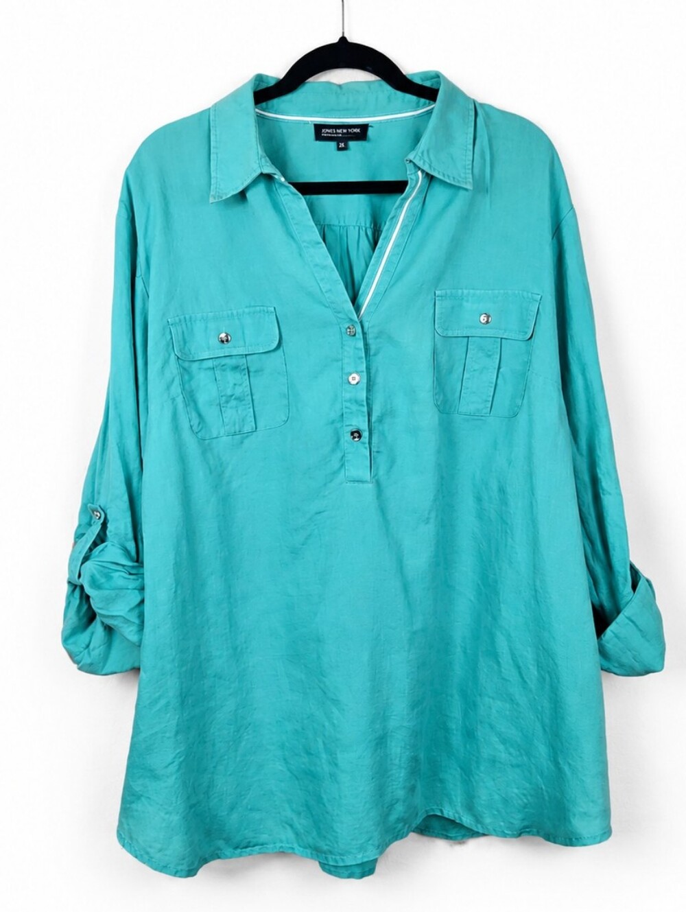 Jones New York 3X 100% Linen Aqua Popover Tunic Roll Tab Coastal Plus Size